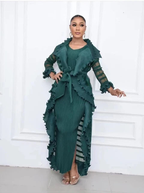Heavy Industry Pleated Set Solid Flounced Edge Full Sleeved Sexy Evening Party Two Piece Sets for Women