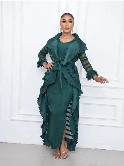 Heavy Industry Pleated Set Solid Flounced Edge Full Sleeved Sexy Evening Party Two Piece Sets for Women