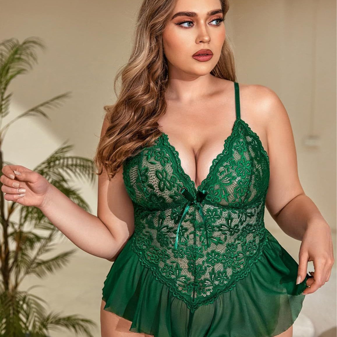 Sexy Lace Bow Deep V-Neck Plus Size Sleepwear Style Dress