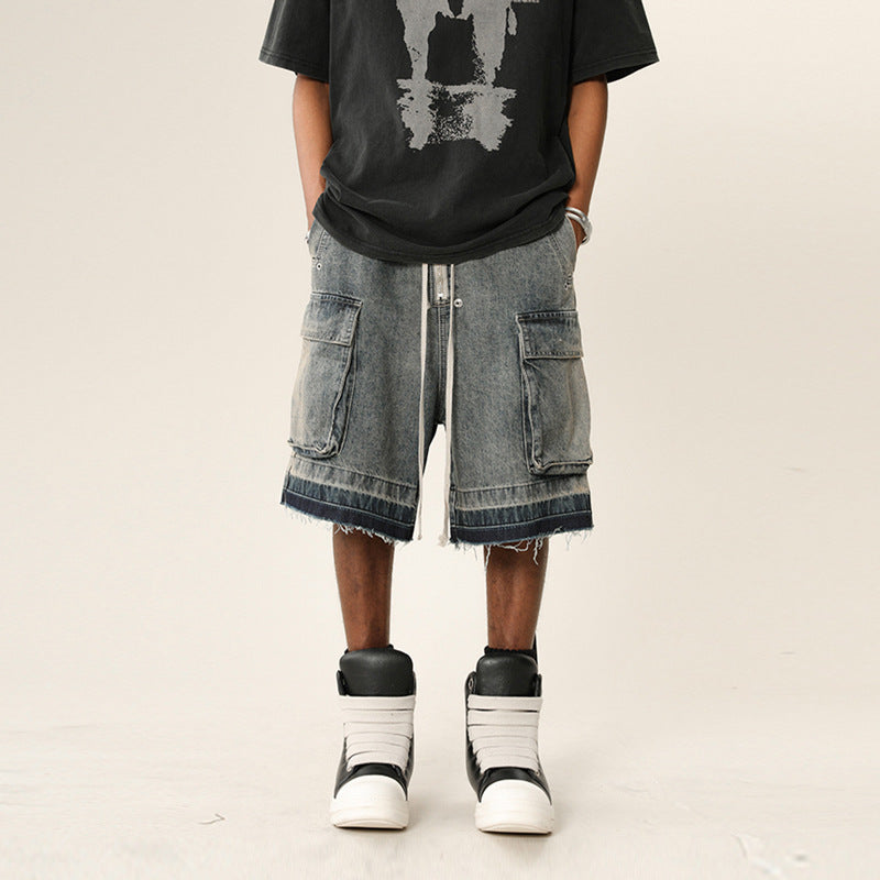 Gradient Washed Distressed Raw Hem Denim Shorts Men High Street Multi-Pocket Wide Leg Five-Panel Pants