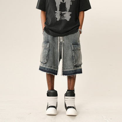 Gradient Washed Distressed Raw Hem Denim Shorts Men High Street Multi-Pocket Wide Leg Five-Panel Pants