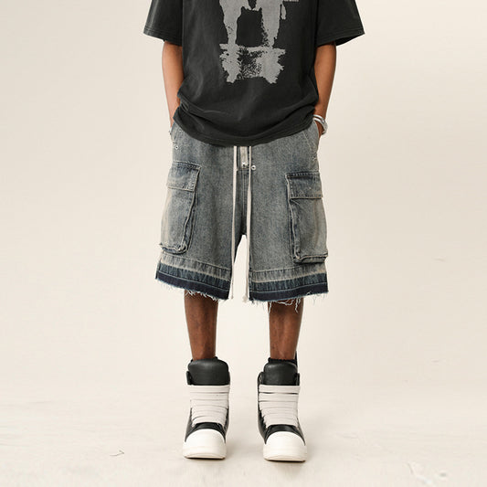 Gradient Washed Distressed Raw Hem Denim Shorts Men High Street Multi-Pocket Wide Leg Five-Panel Pants