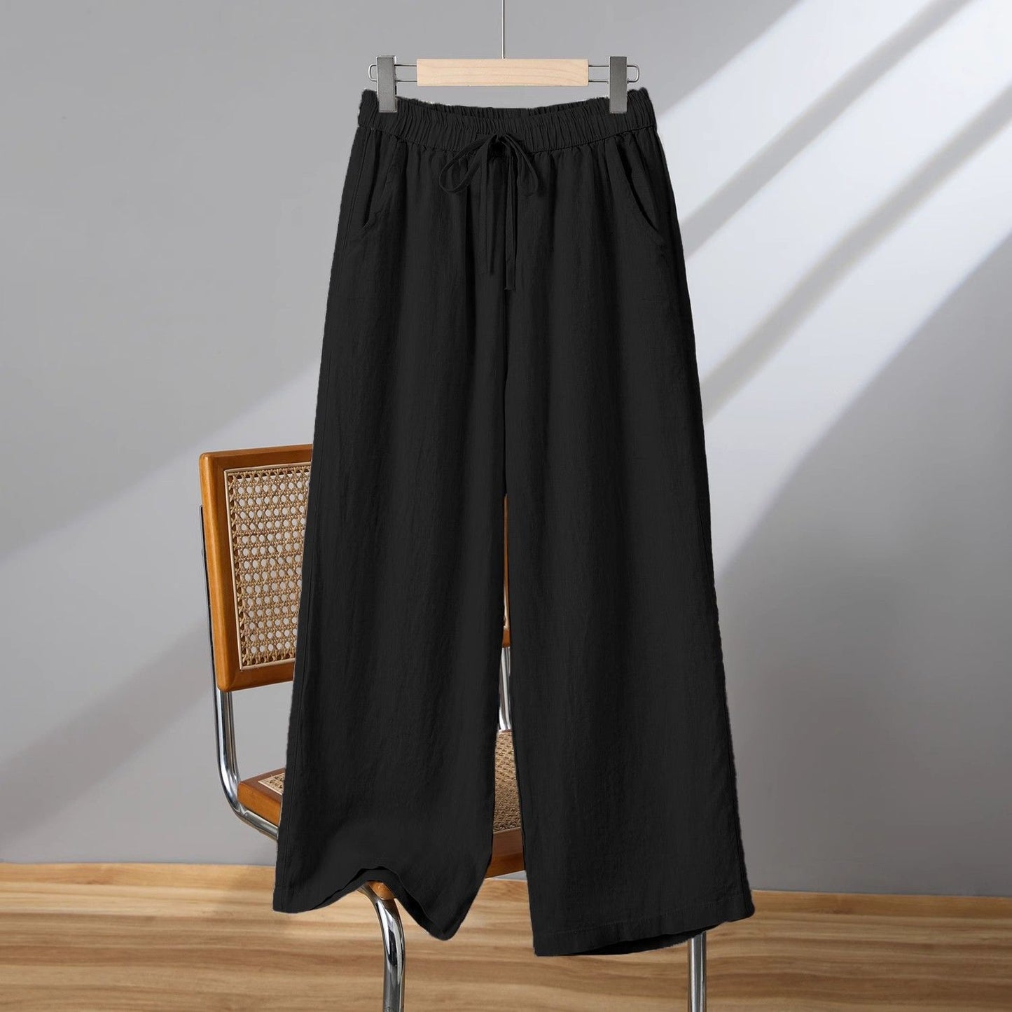 Katoen-linnen broek met wijde pijpen en hoge taille voor dames