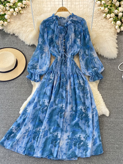 Autumn Women Printed Long Dress Vintage Ruffle Stand Collar Puff Sleeve High Waist Elegant Maxi Robe Female Big Swing Dress