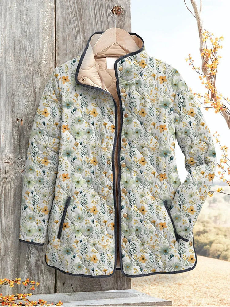 Women's Pleated Floral Digital Print Cotton Jacket Long Sleeve Stand Collar Outerwear
