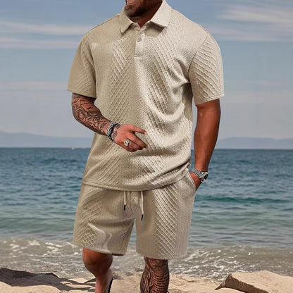 Mens Jacquard Lapel Polo Shirt Shorts Set