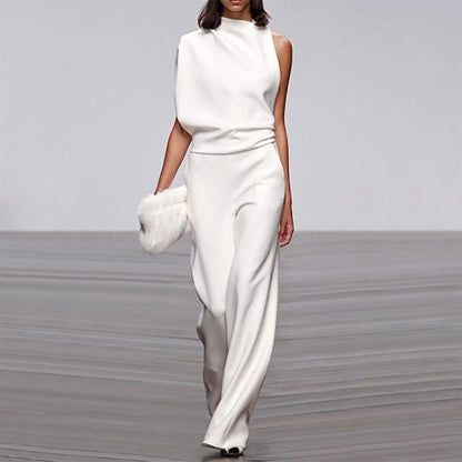 Womens Solid Color One Shoulder Ruched Collar Jumpsuit