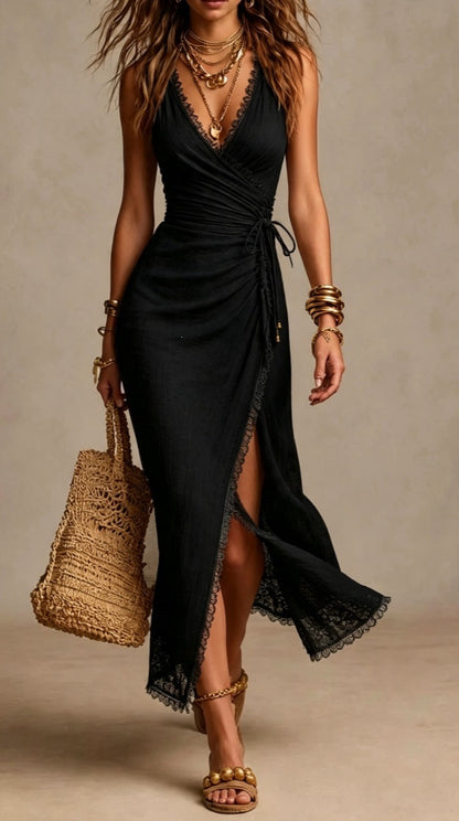 Textured V-Neck Wrap Dress with Tie