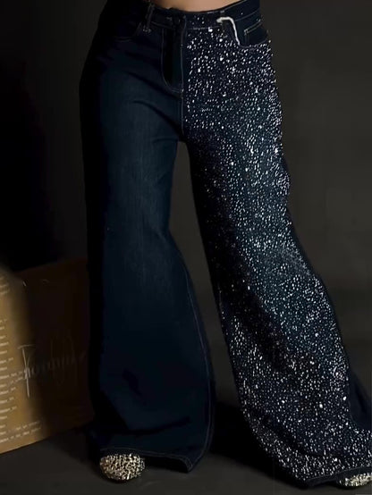 Enkelzijdige jeans met strass en wijde pijpen