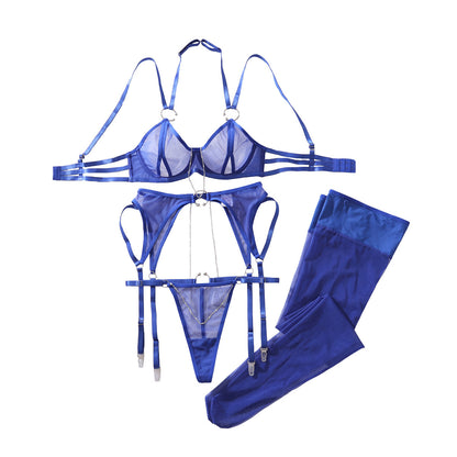 4-delige lingerieset van transparant mesh met kettingdetails en een opengewerkt ontwerp