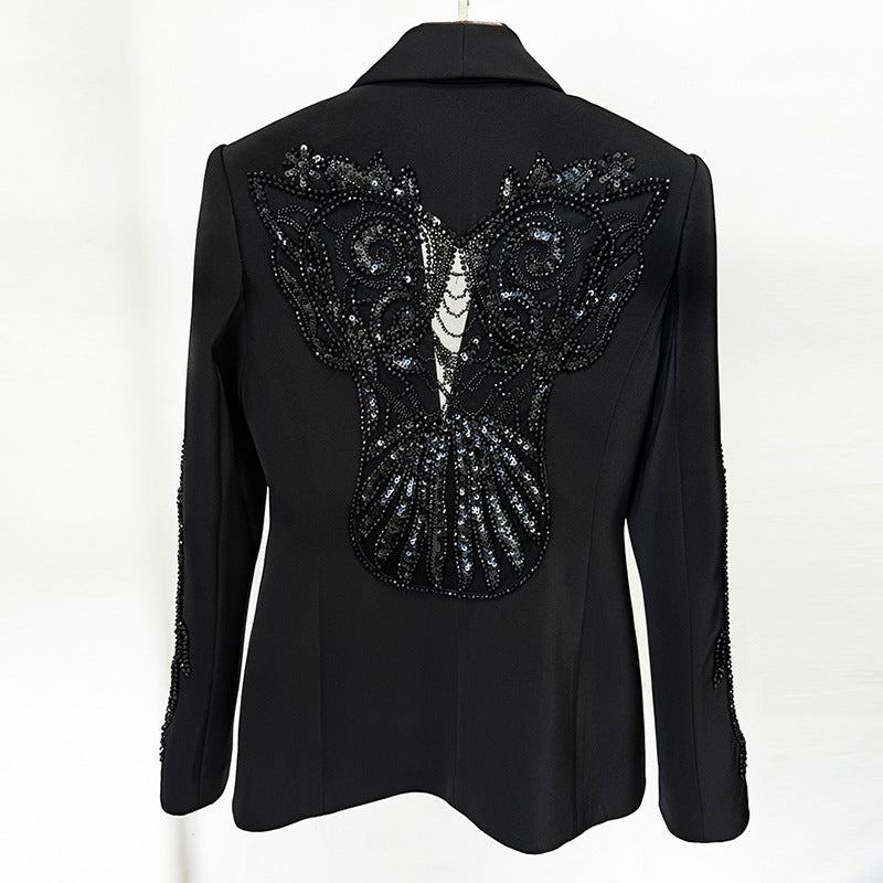 Fashion Mesh Stitching Heavy Industry Beaded Suit Jacket Chiffon Trousers