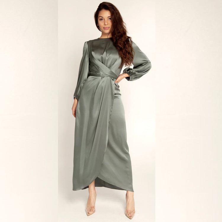 Elegant Satin Tie-Waist Long Dress