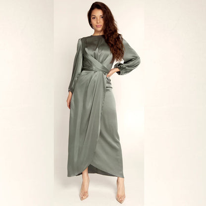 Elegant Satin Tie-Waist Long Dress