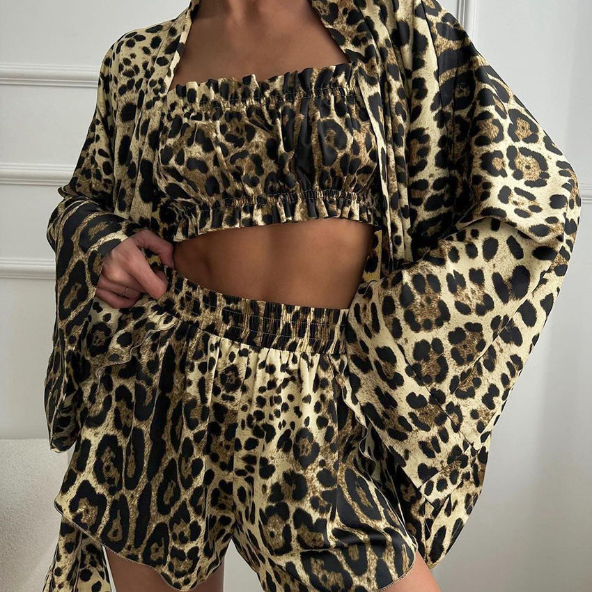 Summer Fashion Leopard Print 3-Piece Sleepwear Set, Lightweight Long Sleeve Crop Top amp Shorts, Stylish Women's Loungewear