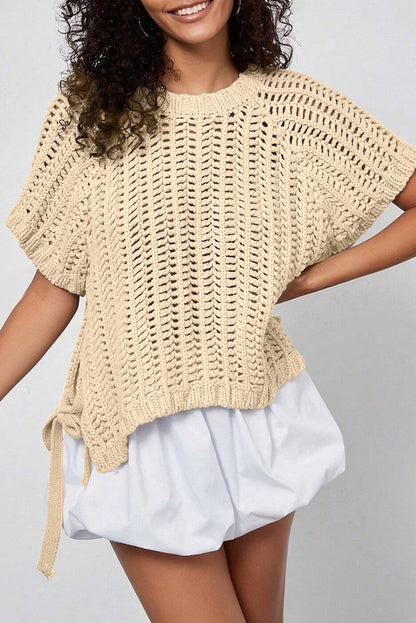 Plus size open gebreide trui met strik en korte mouwen