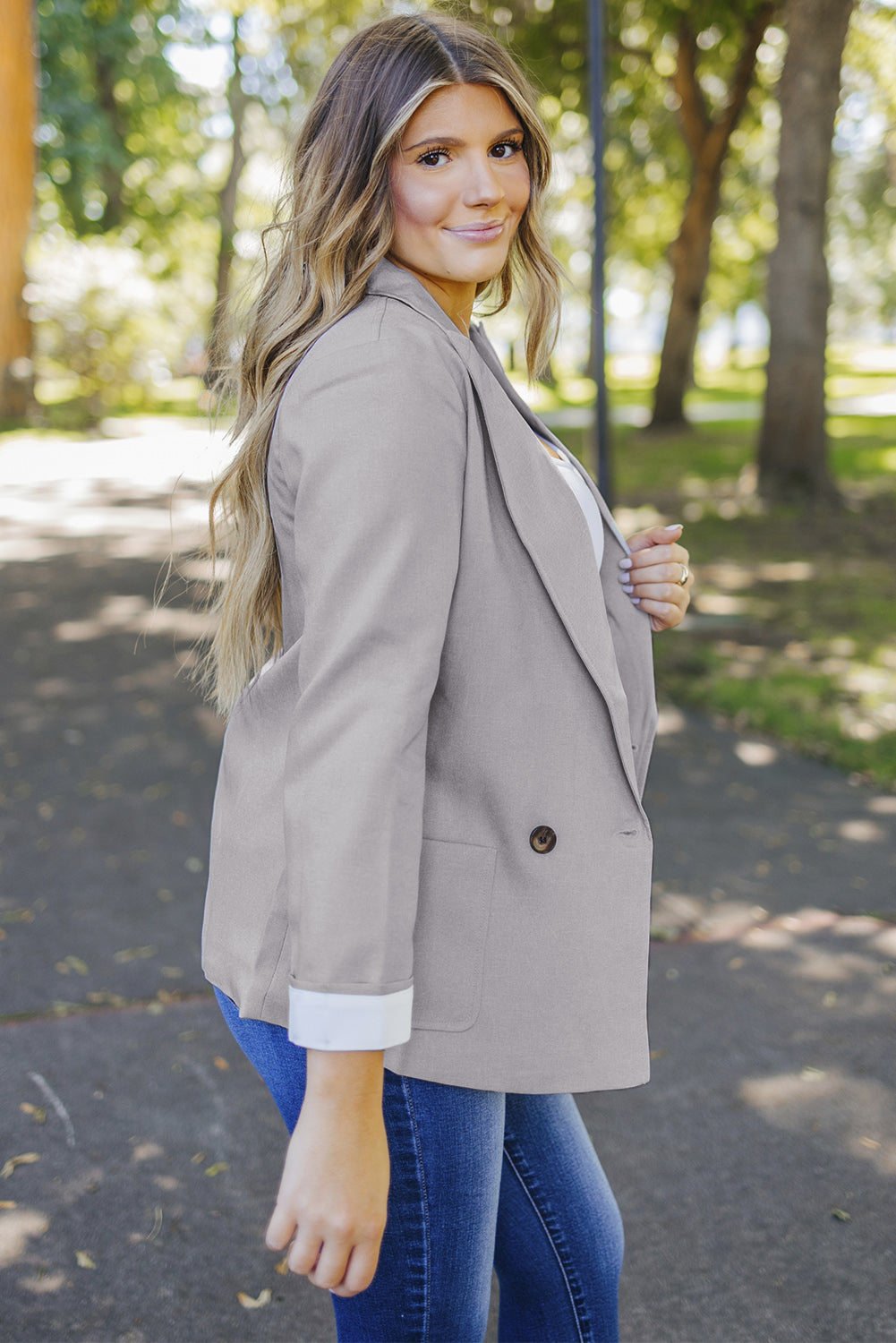 Apricot Buttoned Lapel Collar Blazer with Pocket
