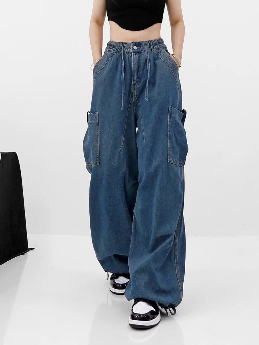 Blue Bandage Elastic Pockets Wide Leg Jeans High Waist New Loose Women Trousers Fashion Tide Spring Autumn