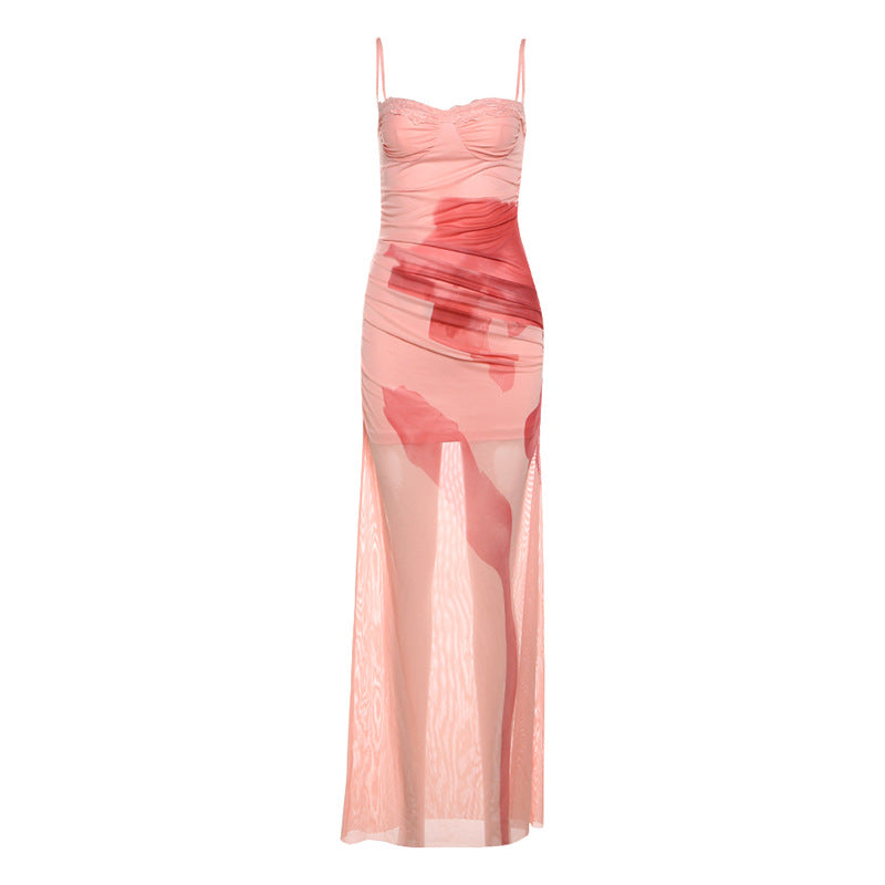 Sexy maxi-jurk met kant mesh spaghettibandjes en geplooide taille