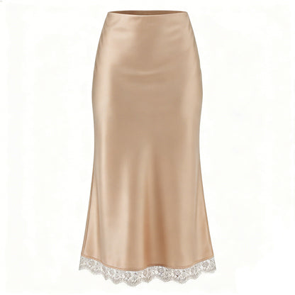 Women's High-Waisted Lace Satin A-Line Maxi Midi Skirt