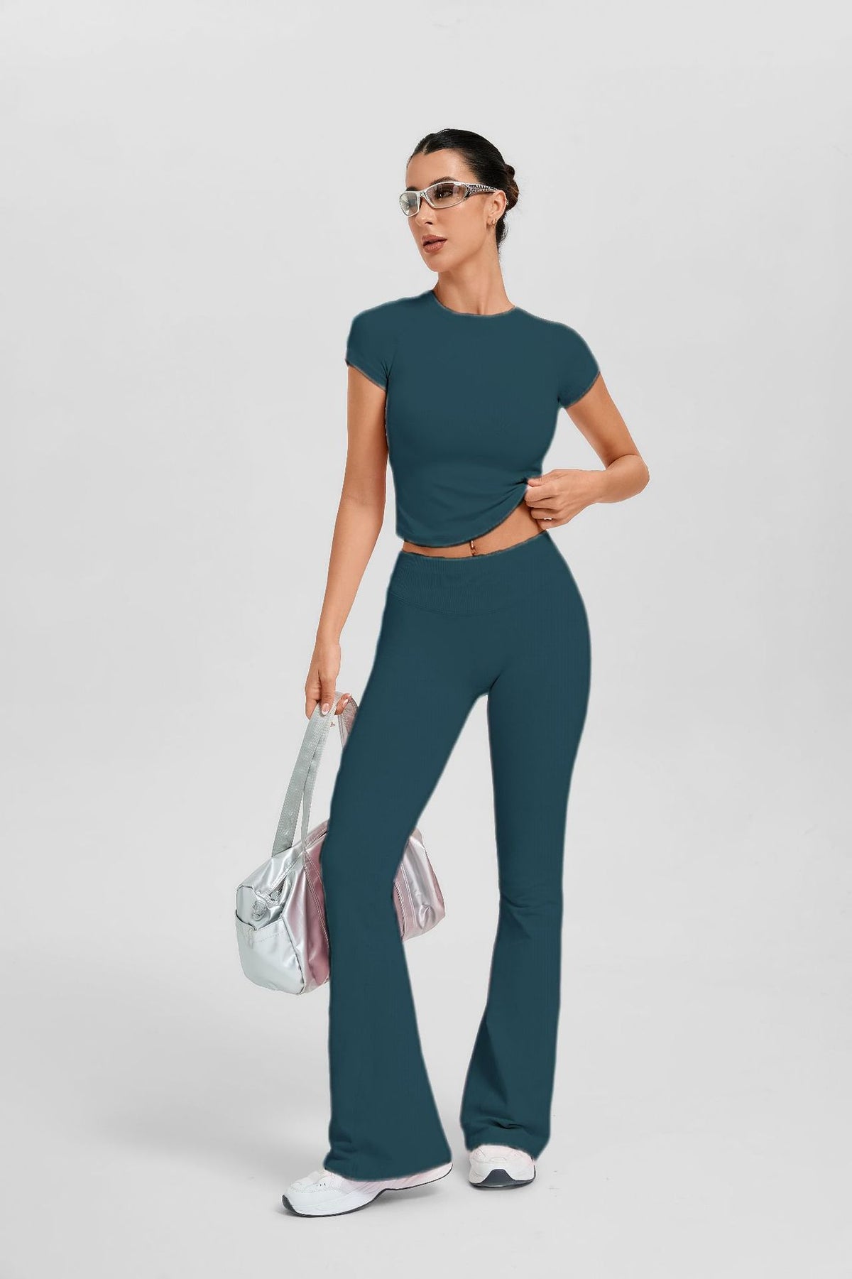 Women's Short Sleeve Flared Leg 2-Piece Yoga Set