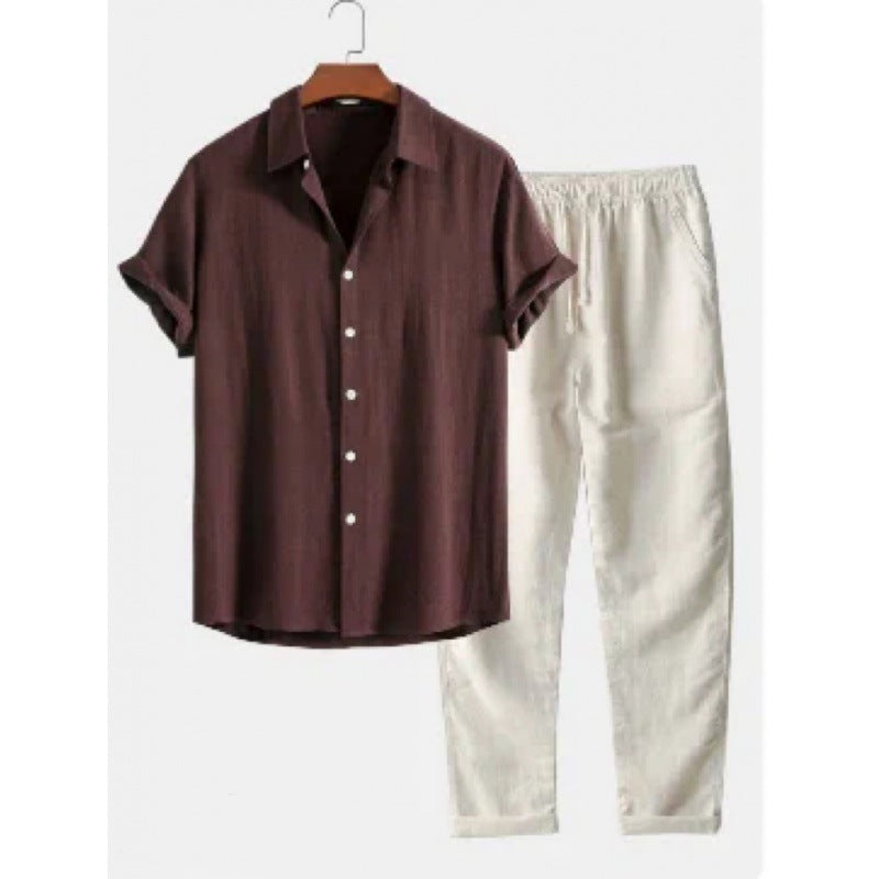 Men's Stand Collar Slim Fit Linen-Cotton Suit Set