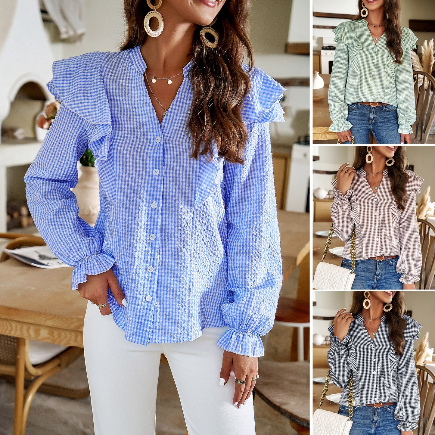 European and American women's spring and summer temperament commuting long sleeved ruffled edge shirt
