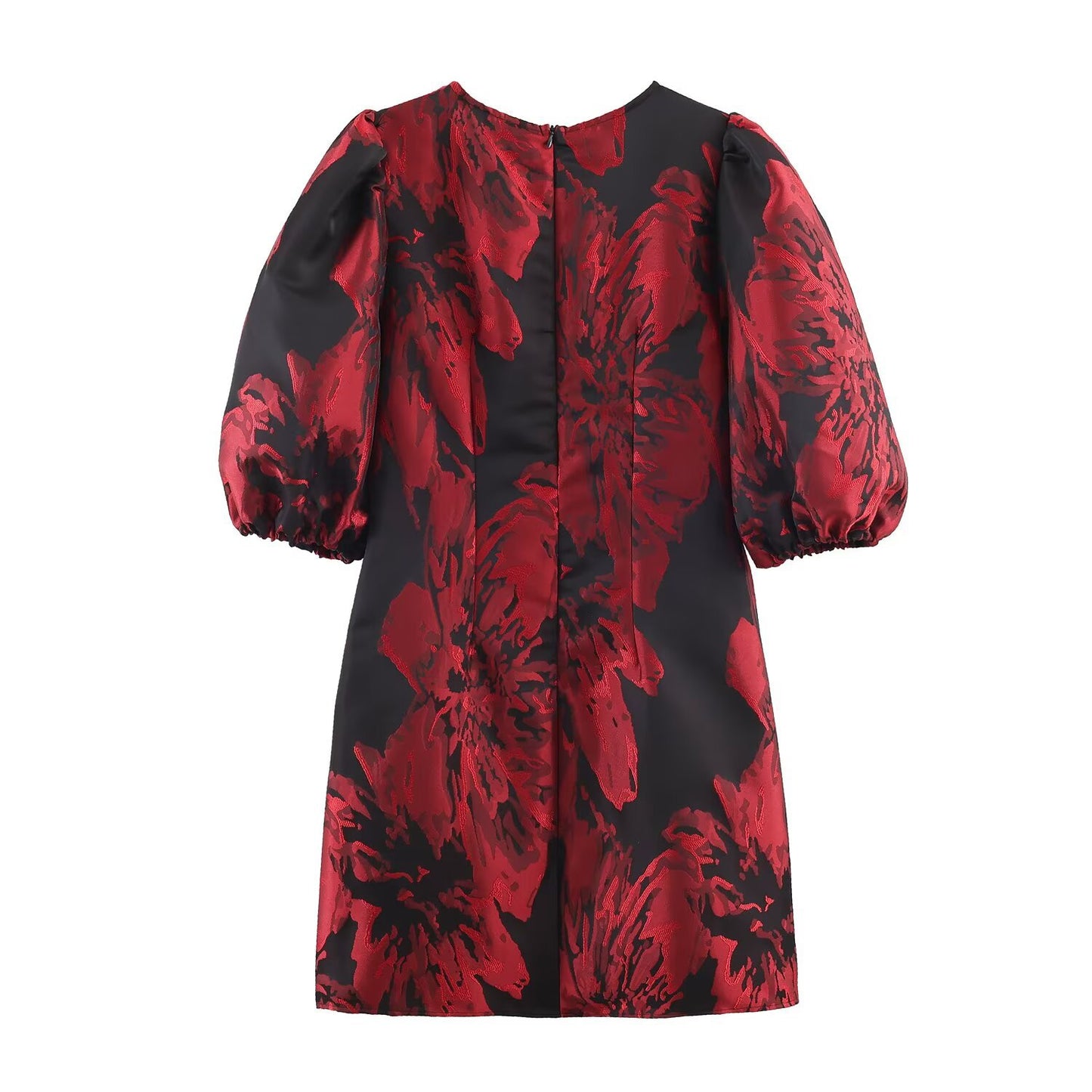Elegante mini-jurk met grote bloemenprint V-hals en korte pofmouwen