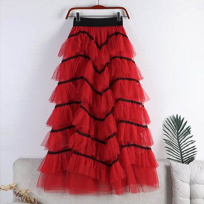 Summer Temperament Fluffy Cakee Tulle Maxi Long Skirt Multi-layered Irregular Fairy Anke Long Mesh Skirt