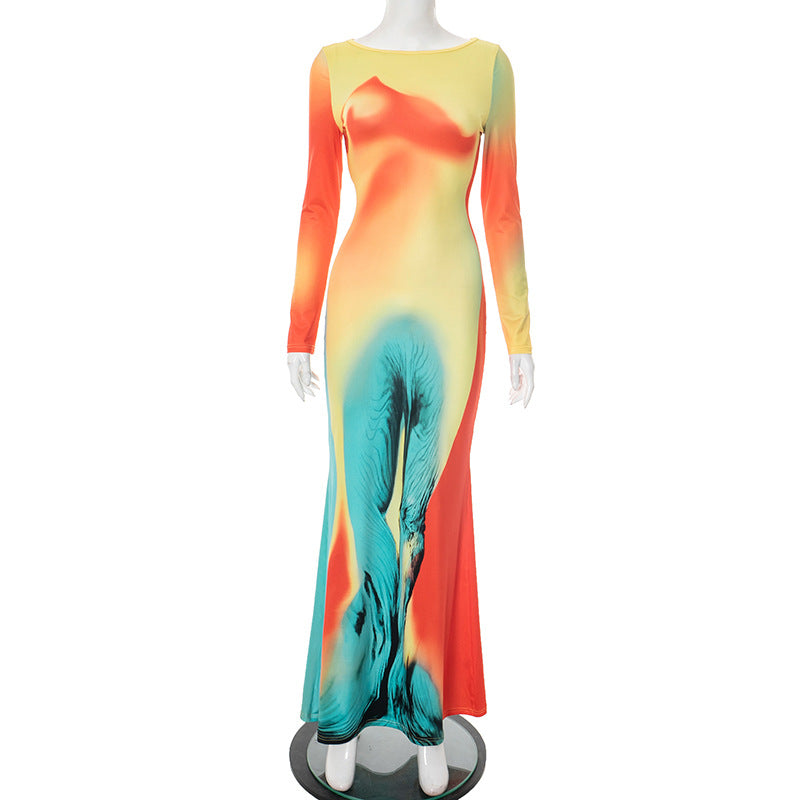 Women's Summer New Long Sleeve Slim Body-Shaping Printed Dress