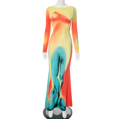 Women's Summer New Long Sleeve Slim Body-Shaping Printed Dress