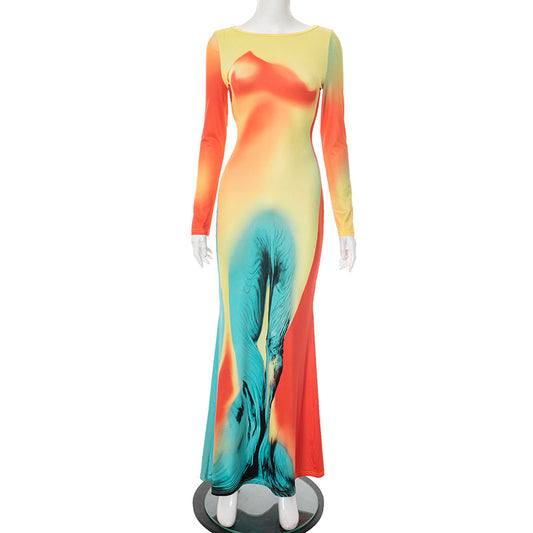 Women's Summer New Long Sleeve Slim Body-Shaping Printed Dress