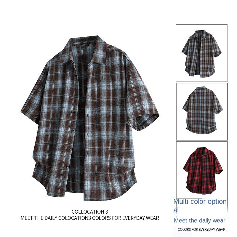 Men's Loose Trendy Short Sleeve Plaid Casual Shirt