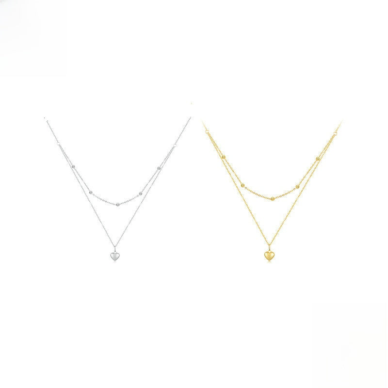 S925 Sterling Silver Heart Necklace Double Layer Layered Clavicle Chain