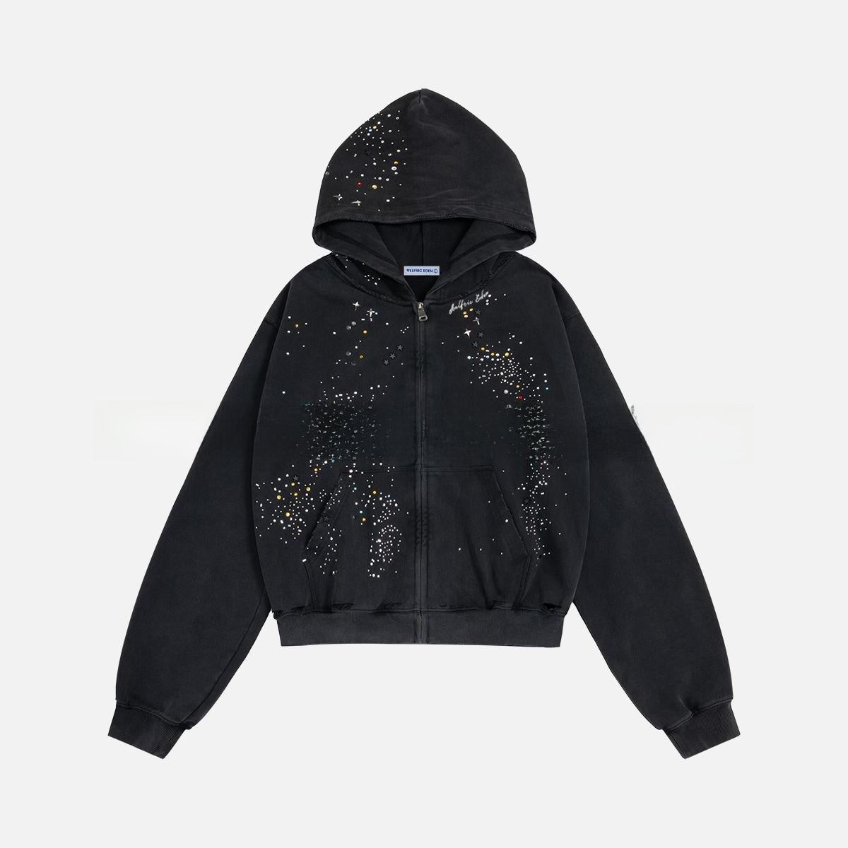 Rhinestone Hooded Sweatshirt Retro Washed Unisex