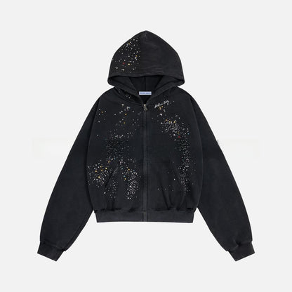 Rhinestone Hooded Sweatshirt Retro Washed Unisex