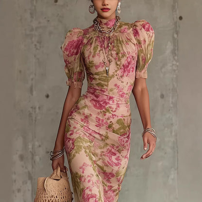 French Floral Puff Sleeve Slim Fit Long Dress