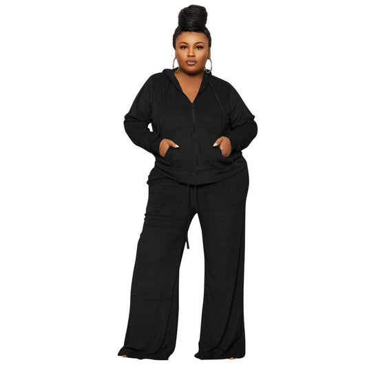 Plus size dames tweedelige set sweatvest met rits en capuchon + broek met hoge taille en wijde pijpen