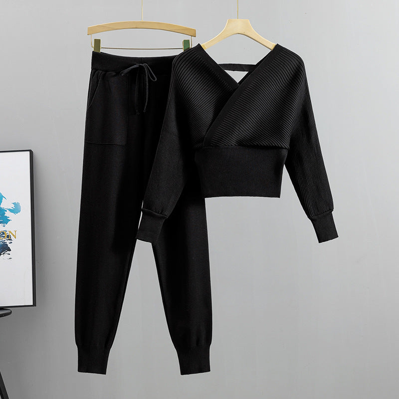 Petite gebreide tweedelige set met dubbele V-hals en blote schouders voor dames
