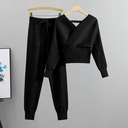 Petite gebreide tweedelige set met dubbele V-hals en blote schouders voor dames
