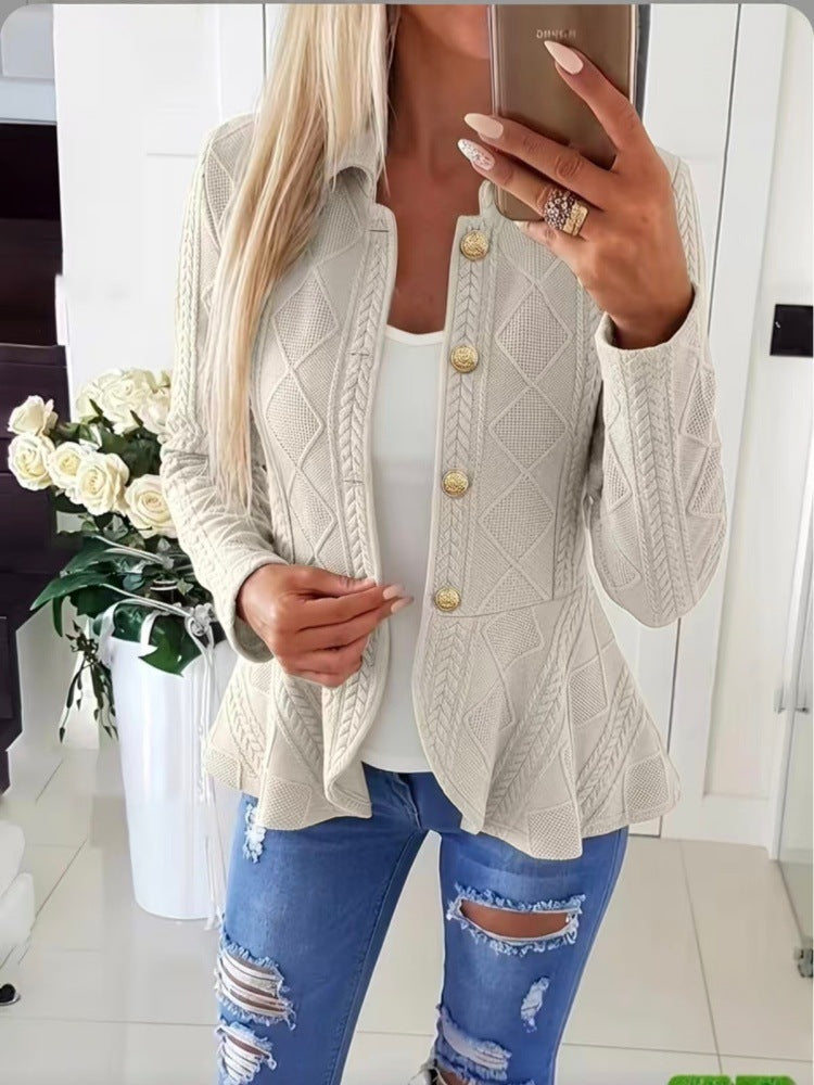 Women's Diamond Pattern Knit Cardigan with Ruffle Hem and Gold Buttons
