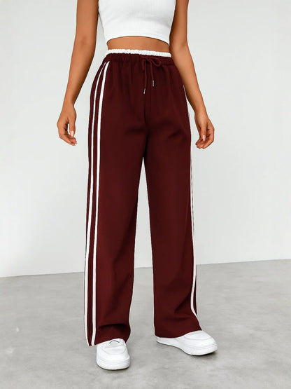 Womens Side-Striped Wide-Leg Sports Pants