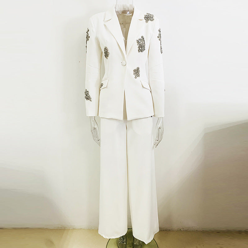 Beaded Rhinestone Blazer and Wide-Leg Pants Set