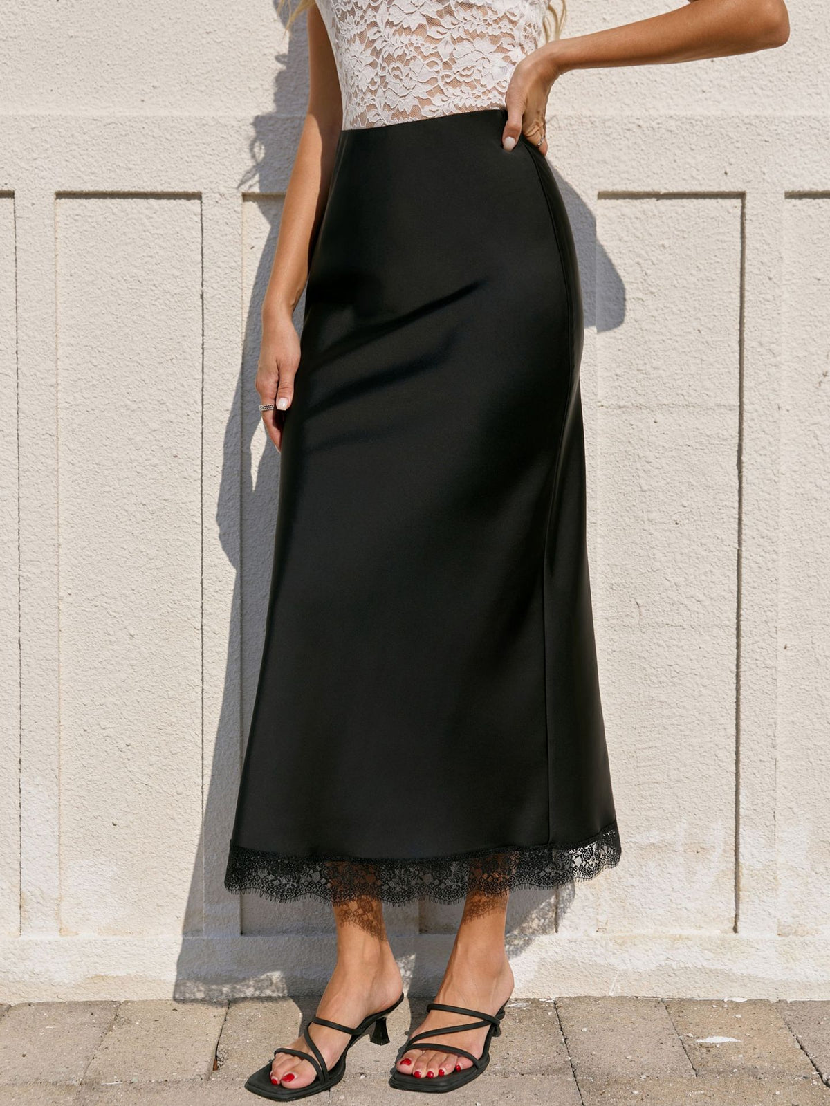 Women's High-Waisted Lace Satin A-Line Maxi Midi Skirt