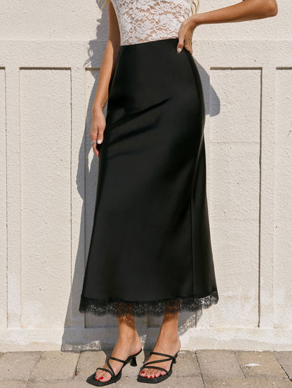 Women's High-Waisted Lace Satin A-Line Maxi Midi Skirt