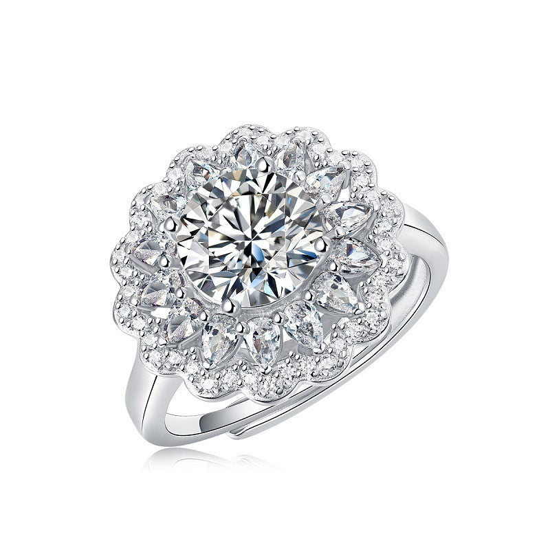 S925 Zilveren Moissanite Bloemen Vrouwelijke Verstelbare Ring