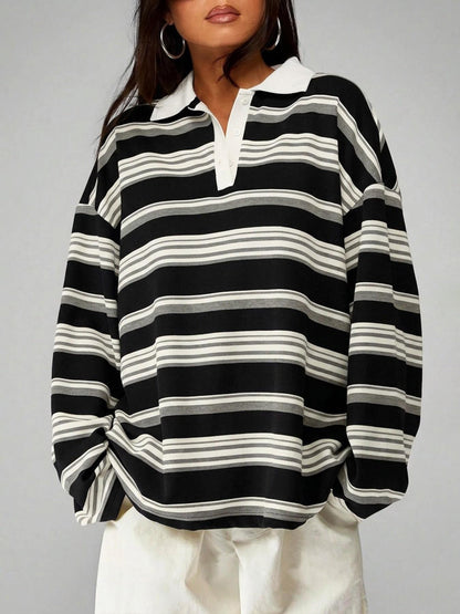 Retro Color-Block Striped Long-Sleeve Polo Sweatshirt,