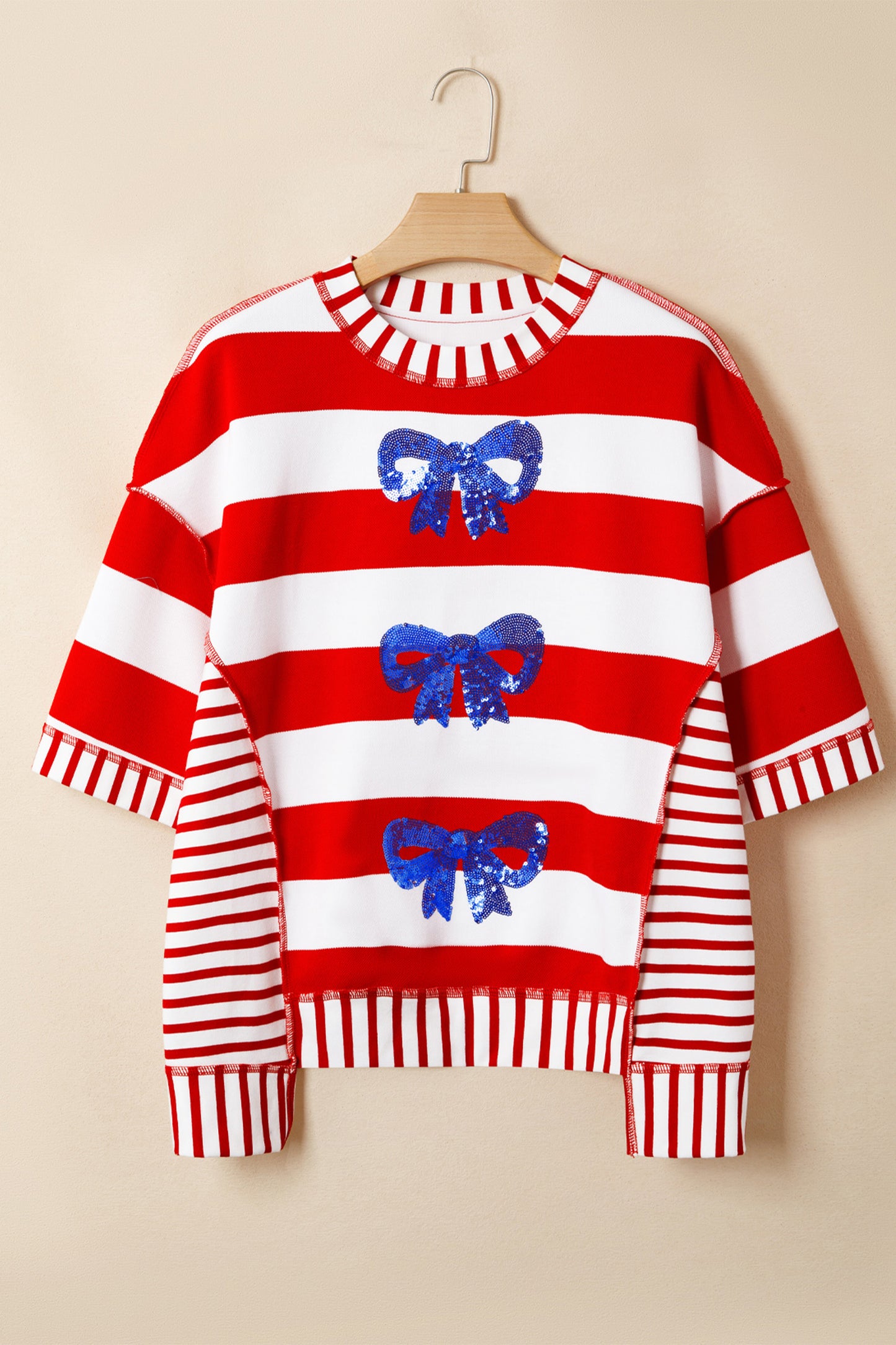 T-shirt met strepen pailletten strik patriottische stijl en korte mouwen