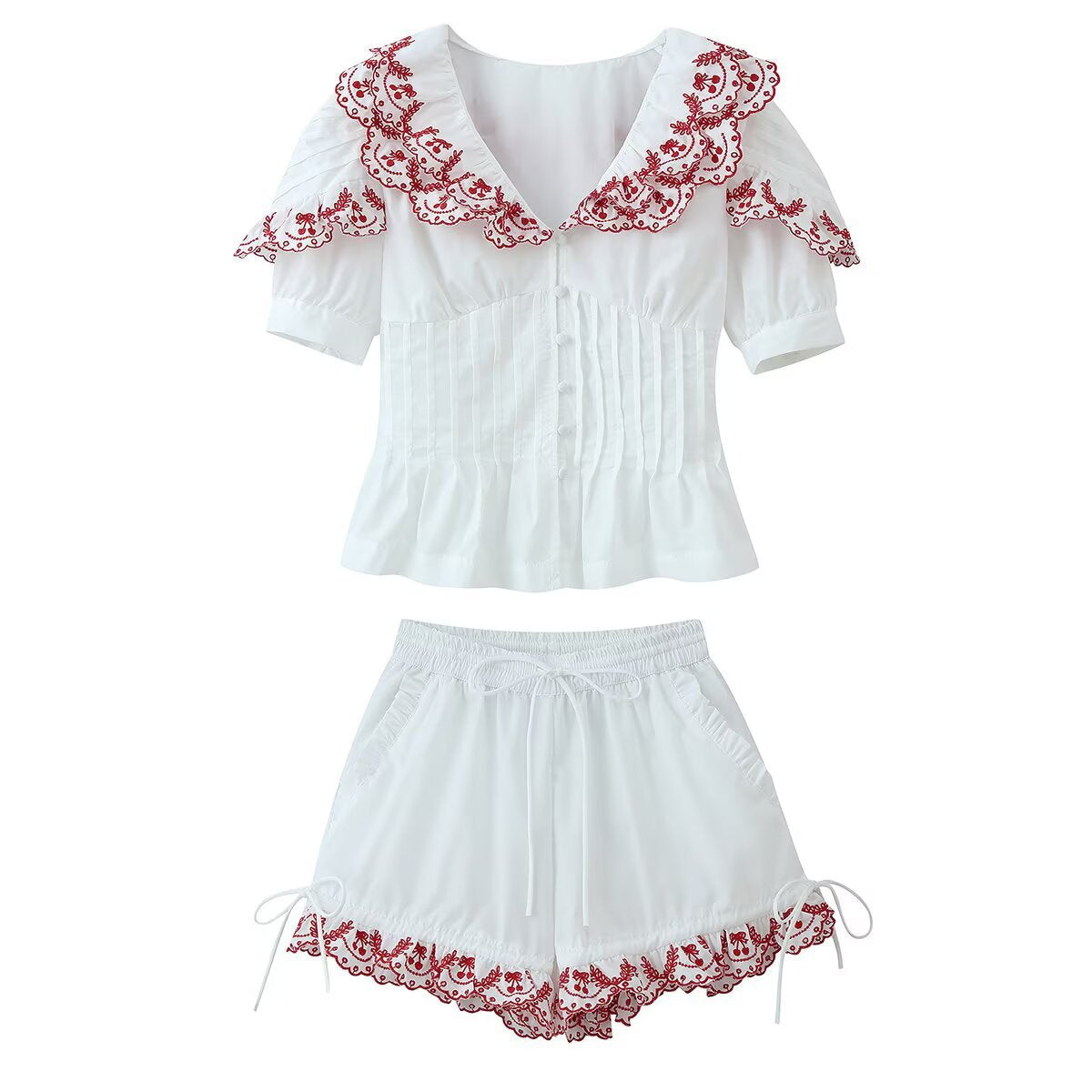 Sexy Embroidered Peter Pan Collar Pleated Top  Embroidered Shorts