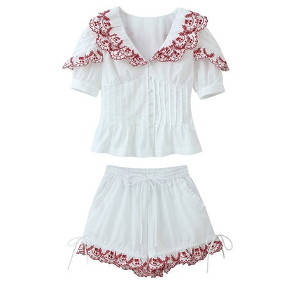 Sexy Embroidered Peter Pan Collar Pleated Top  Embroidered Shorts