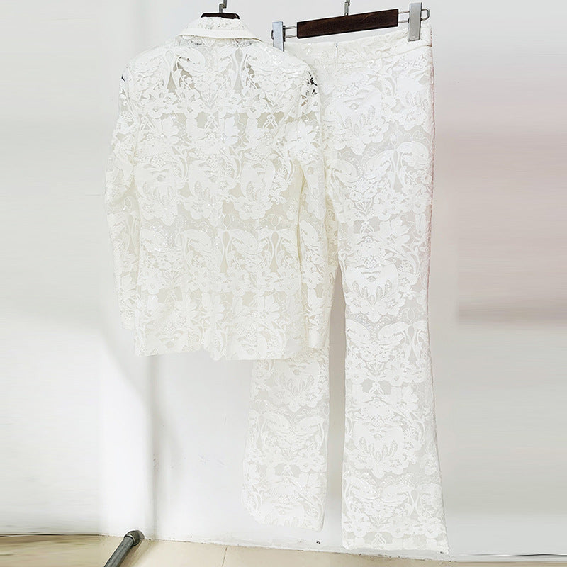 Embroidered Sequin Mesh Blazer and Pants